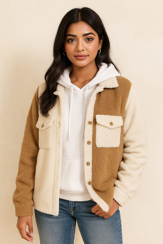 Sherpa jacket for women- White Brown double patch pocket