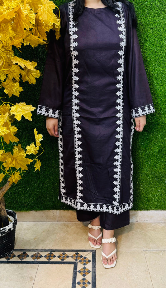 Minaar Embroidered stitched 2pcs dhanak Marina (Black)