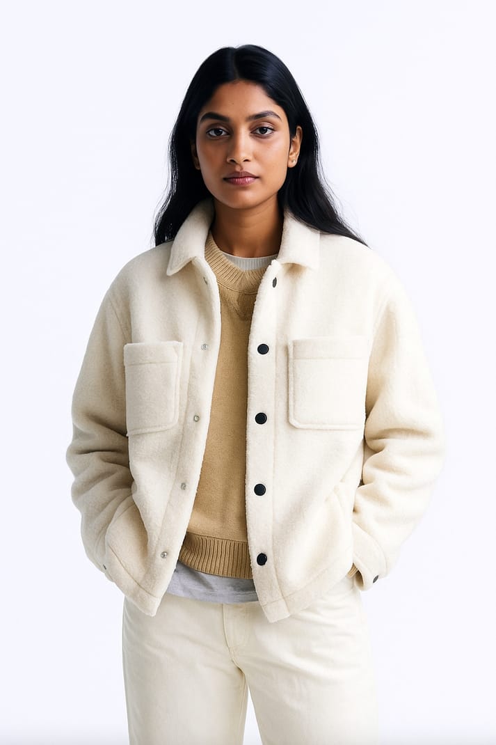 Sherpa jacket for women- white double patch pocket