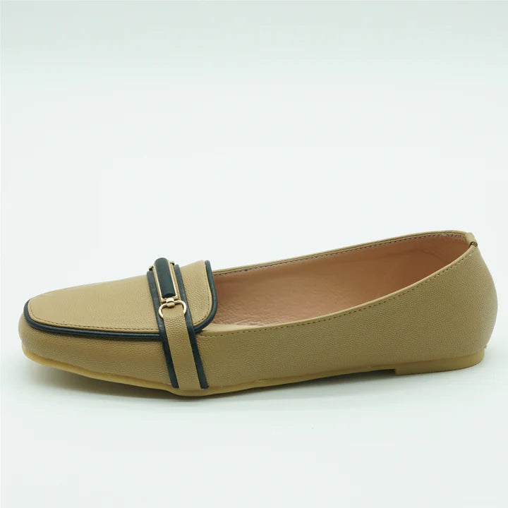 Skin Loafer Flats with Black Trim & Buckle Accent